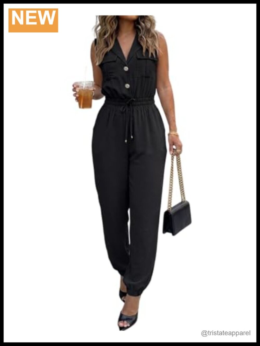 CHICME Women's Cargo Jumpsuit Sleeveless V-Neck High Waist Tapered Leg